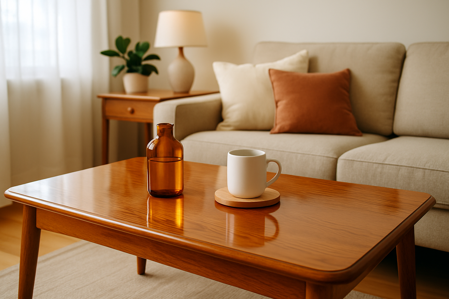 A polished poly finish on furniture demonstrating a well-maintained, shiny, and smooth wood surface