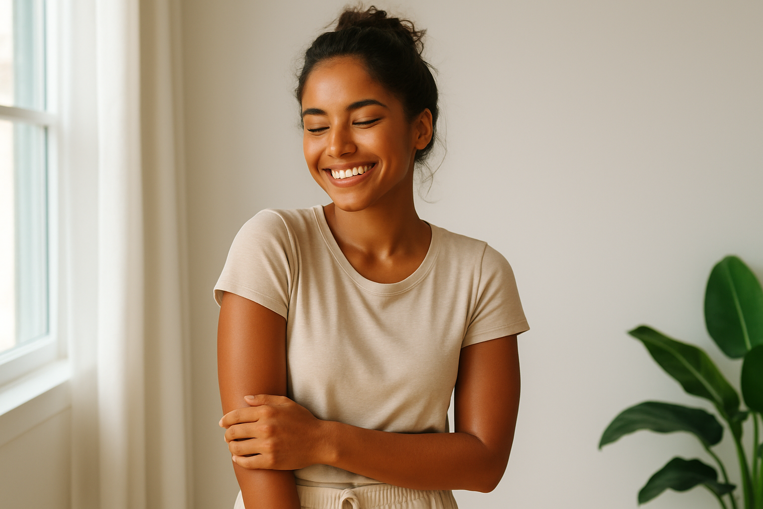 Confident woman showcasing a perfect natural olive skin spray tan achieved at home