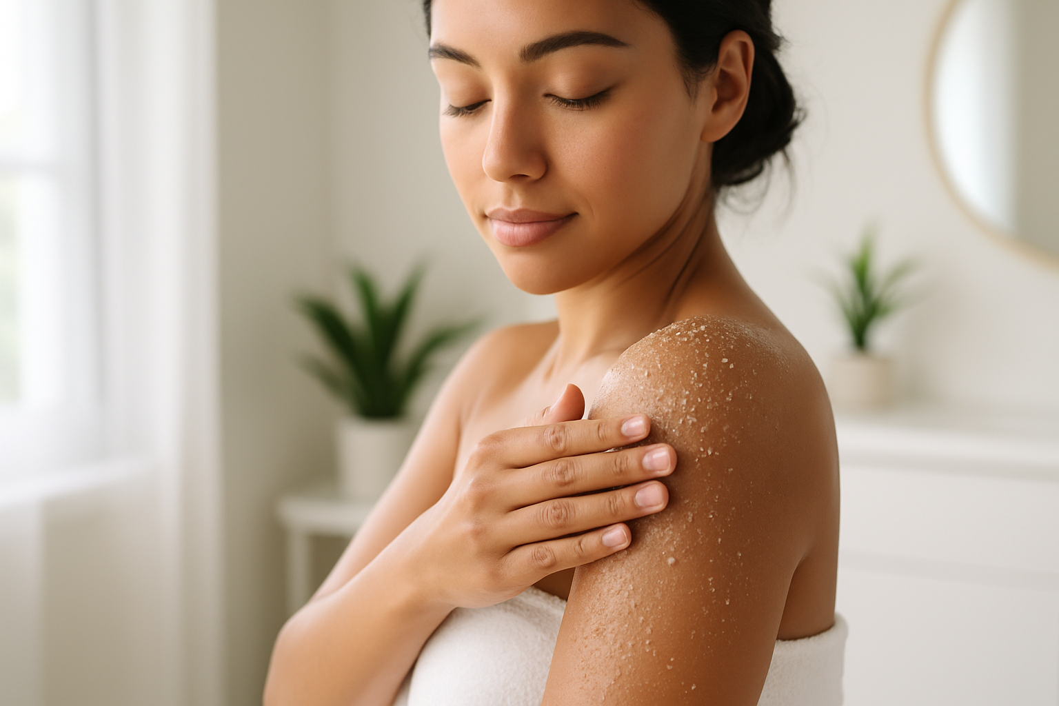 Preparing skin by exfoliating to ensure an even base for olive skin spray tan