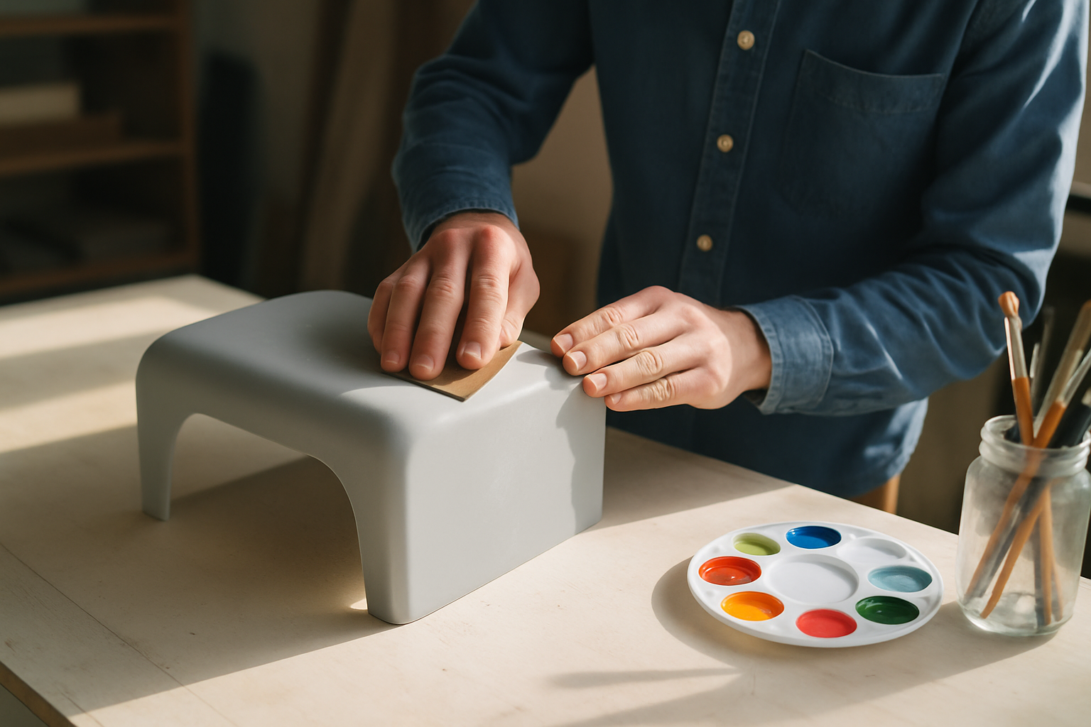 Carefully sanding a plastic surface helps acrylic paint adhere better by creating a textured base.