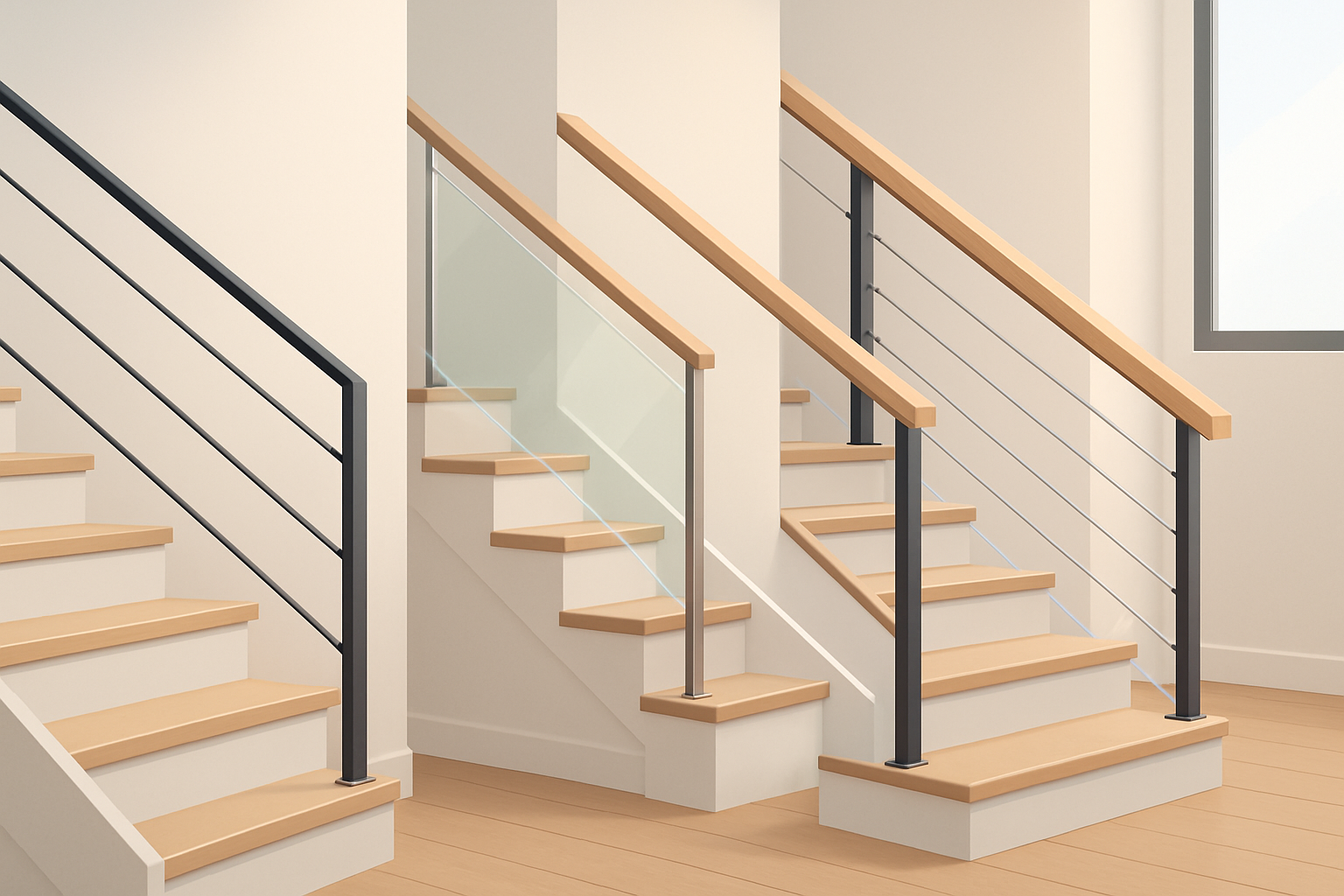 Visual examples of different modern handrails styles installed inside homes
