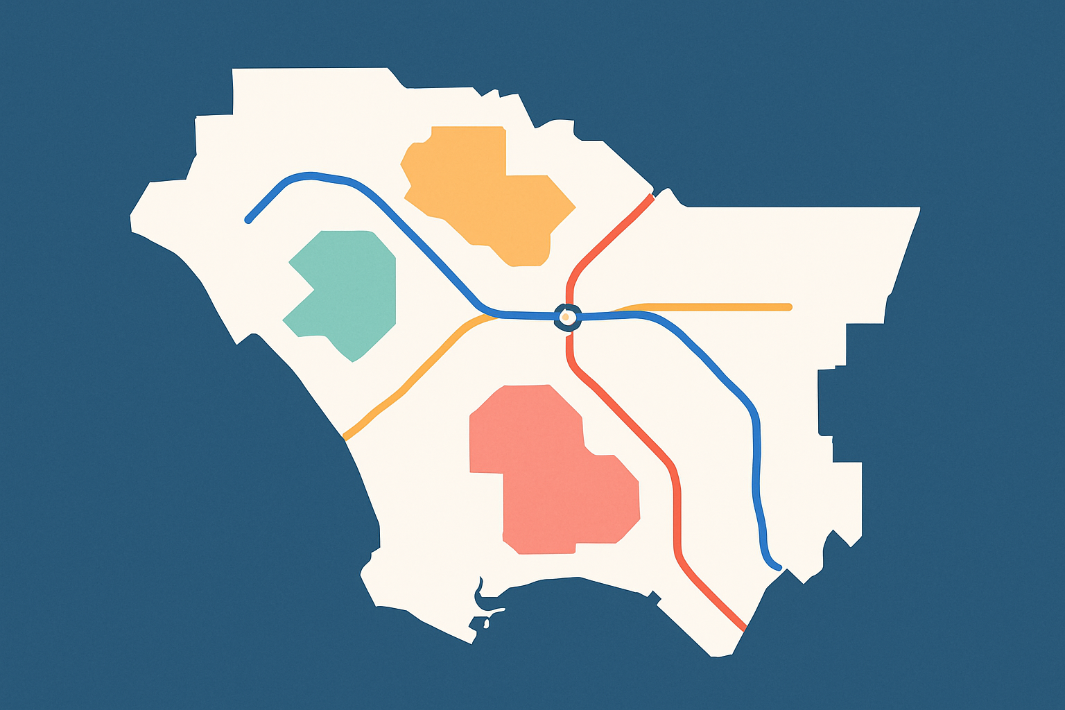 A detailed map highlighting major LA neighbourhoods and their public transit connections.