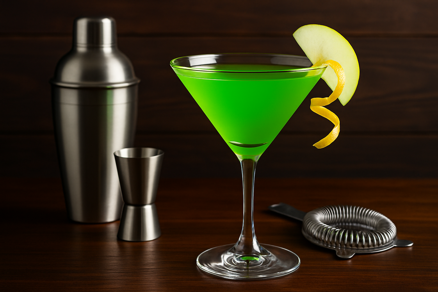 Apple Pucker Martini elegantly presented with a crisp apple slice garnish