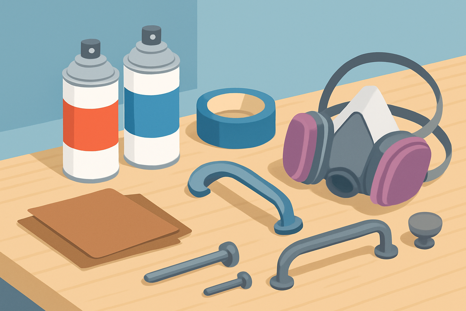 Essential tools and materials laid out for spray painting kitchen hardware