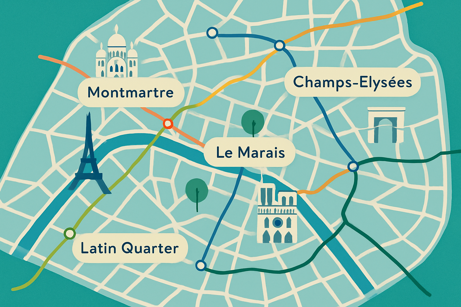 Map of Paris highlighting key neighborhoods and transportation links to help travelers visualize area options.