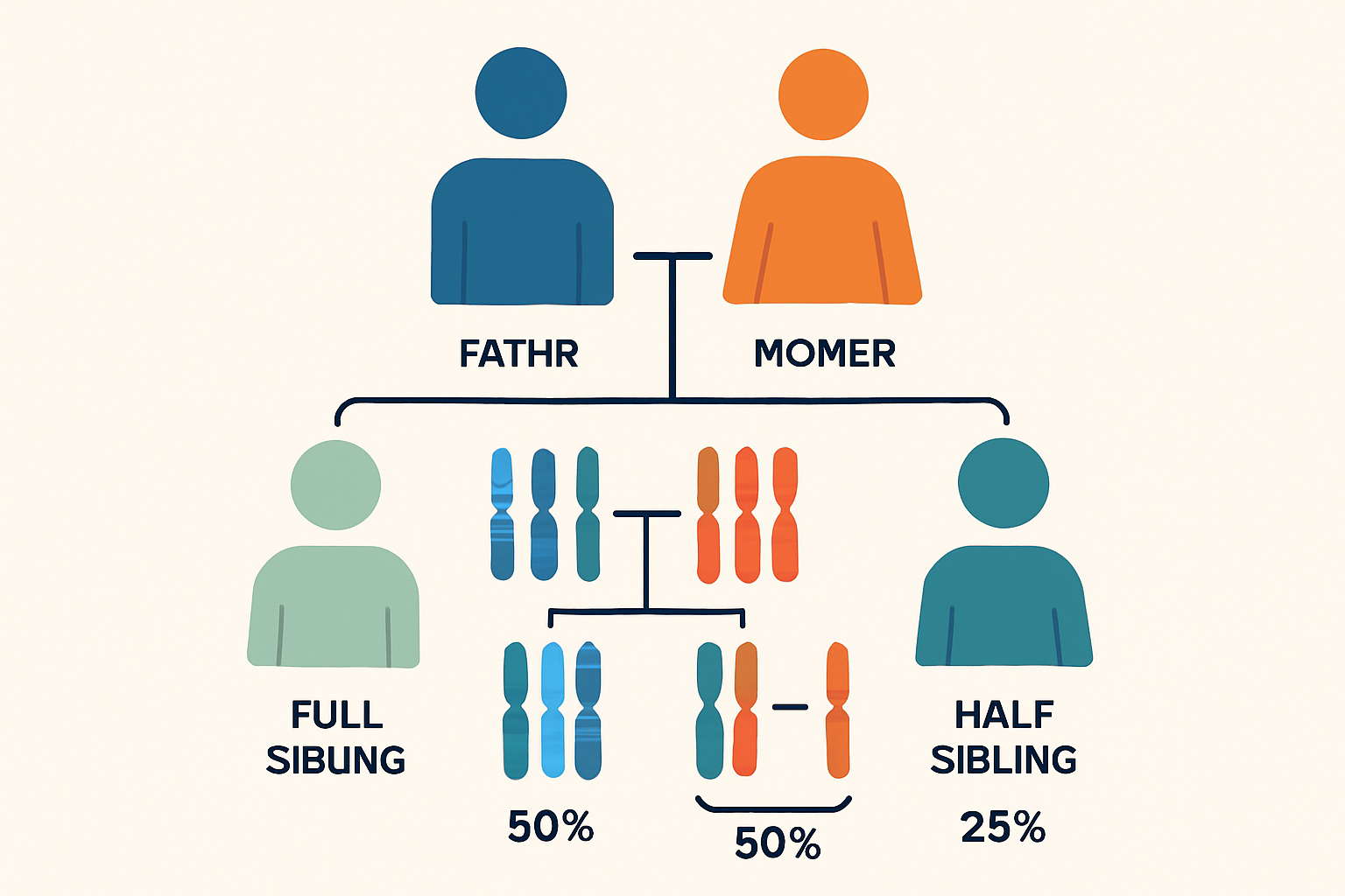 Visual representation of genetic marker inheritance patterns among parents and siblings to explain shared DNA.
