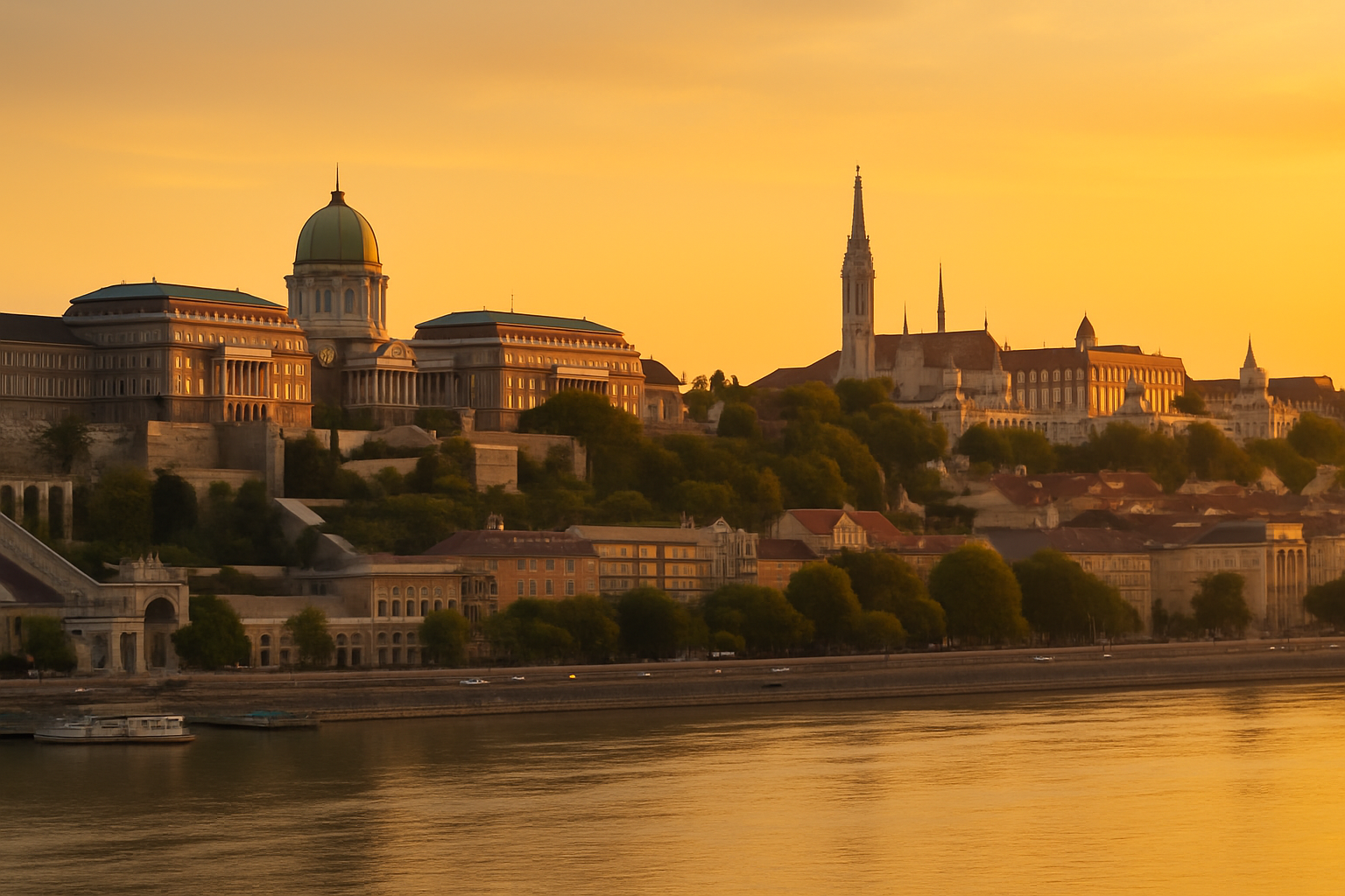 Sunset over Budapest’s Castle Hill featuring iconic landmarks and the Danube River