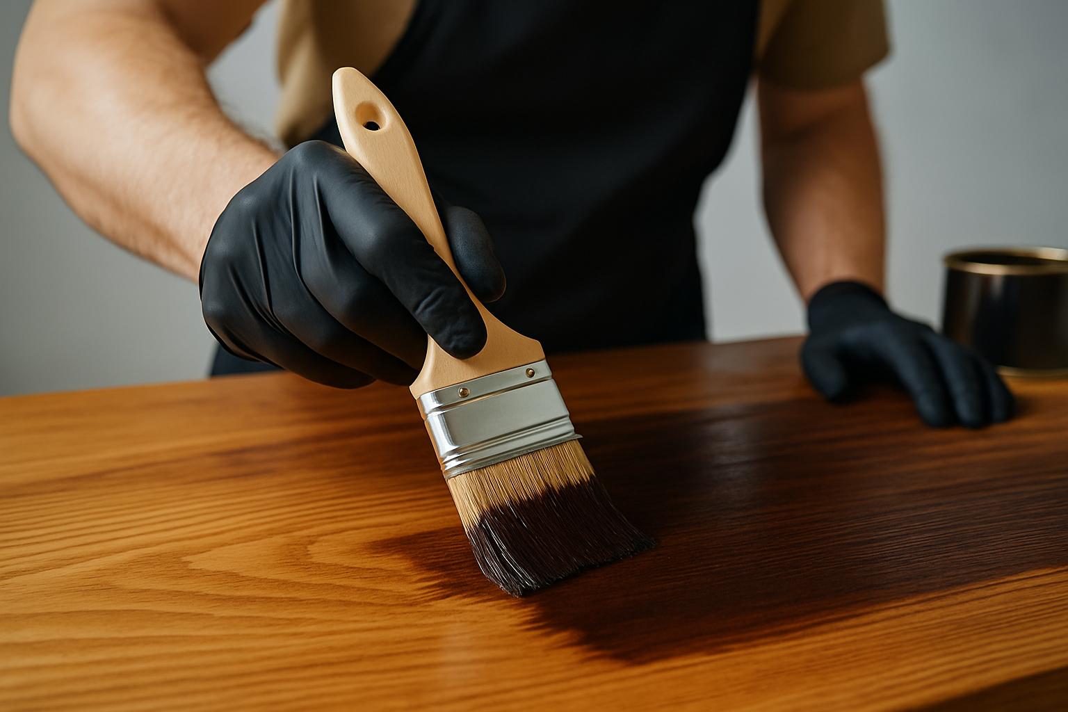 Applying gel stain on stained wood to darken the surface without sanding.