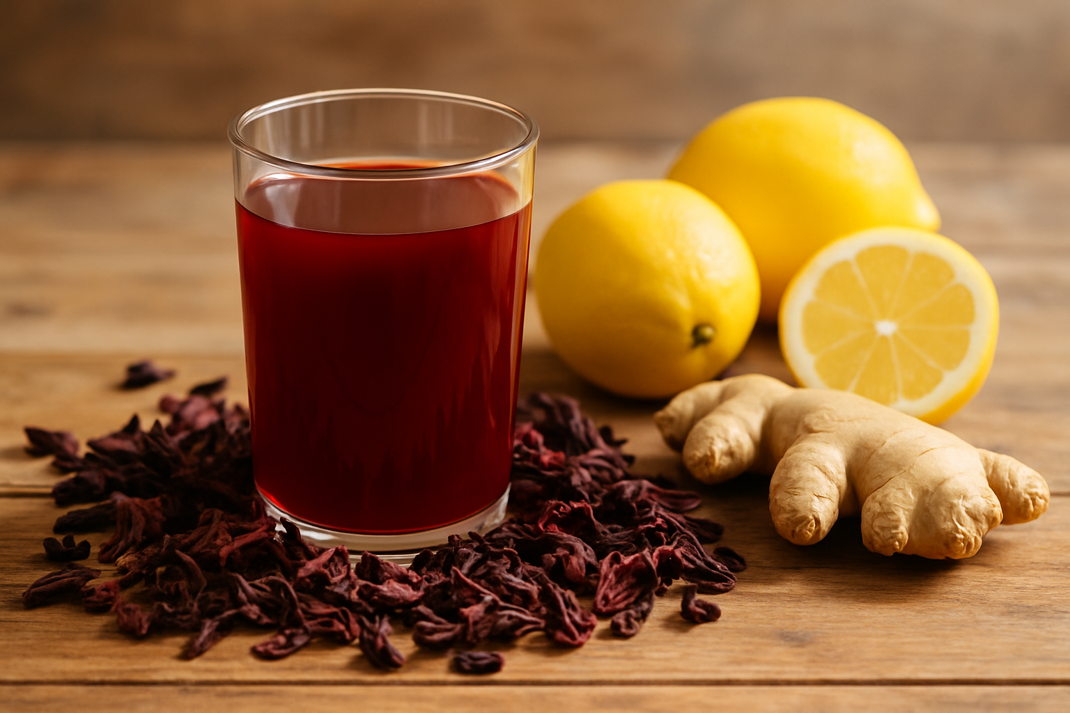 A freshly prepared hibiscus shot with ingredients displayed around it, highlighting its deep red color and freshness.