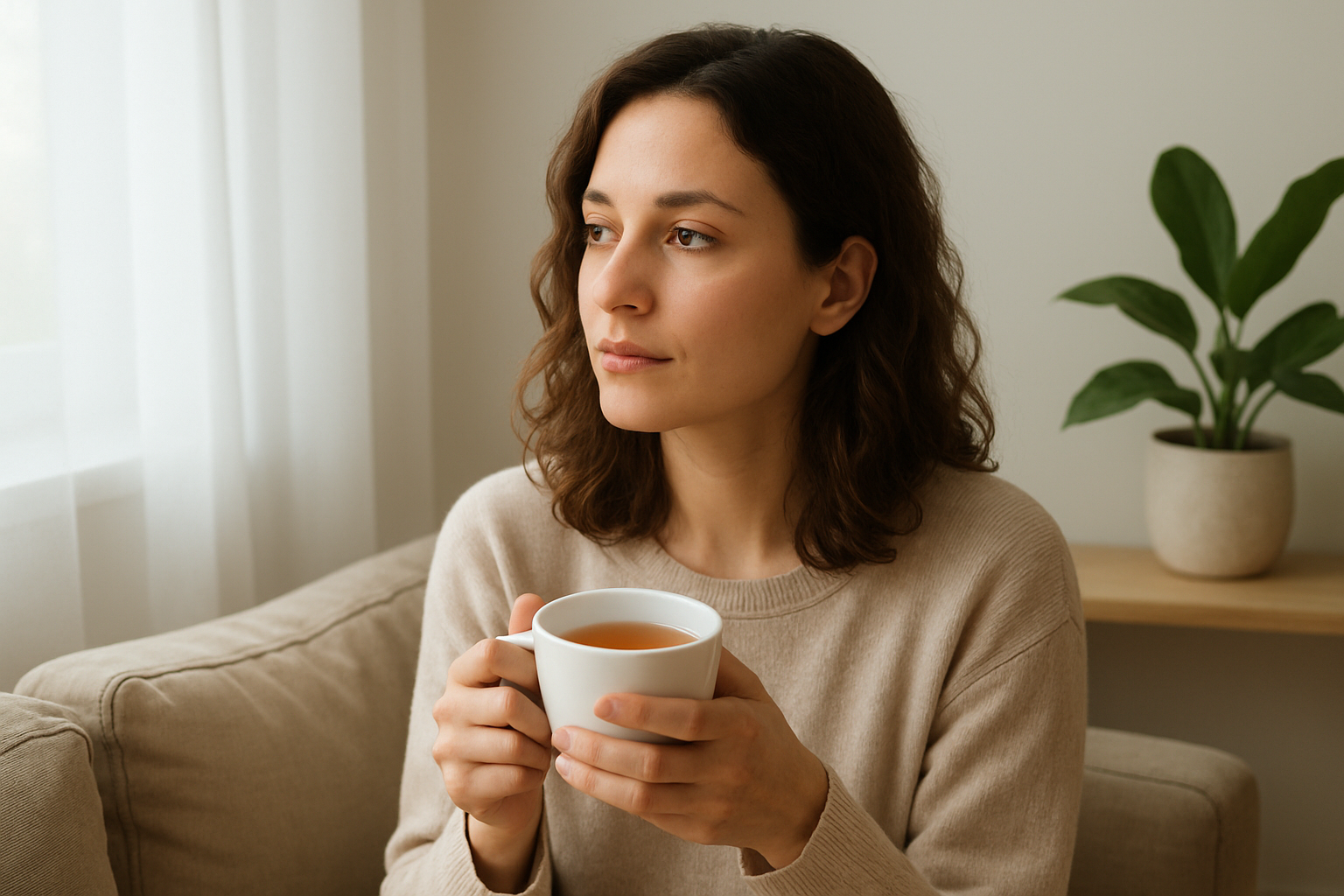 A woman thoughtfully reflecting on her feelings after hearing a confusing love confession.