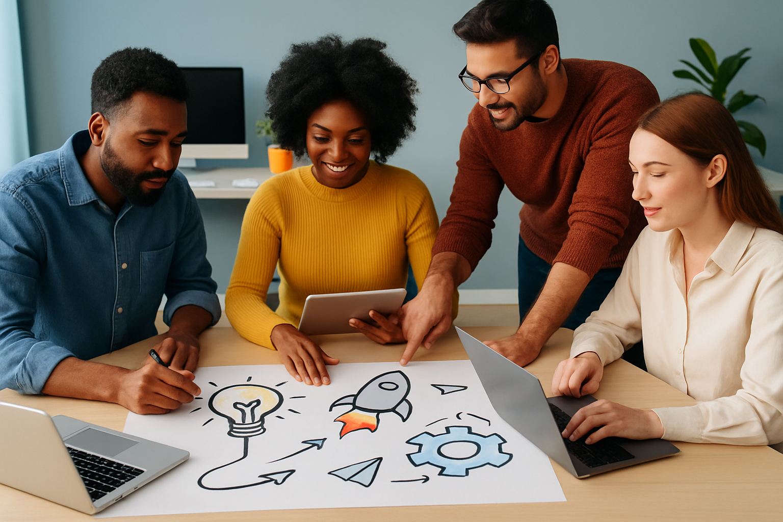 Creative innovators collaborating in a dynamic workspace, showcasing teamwork and innovation.