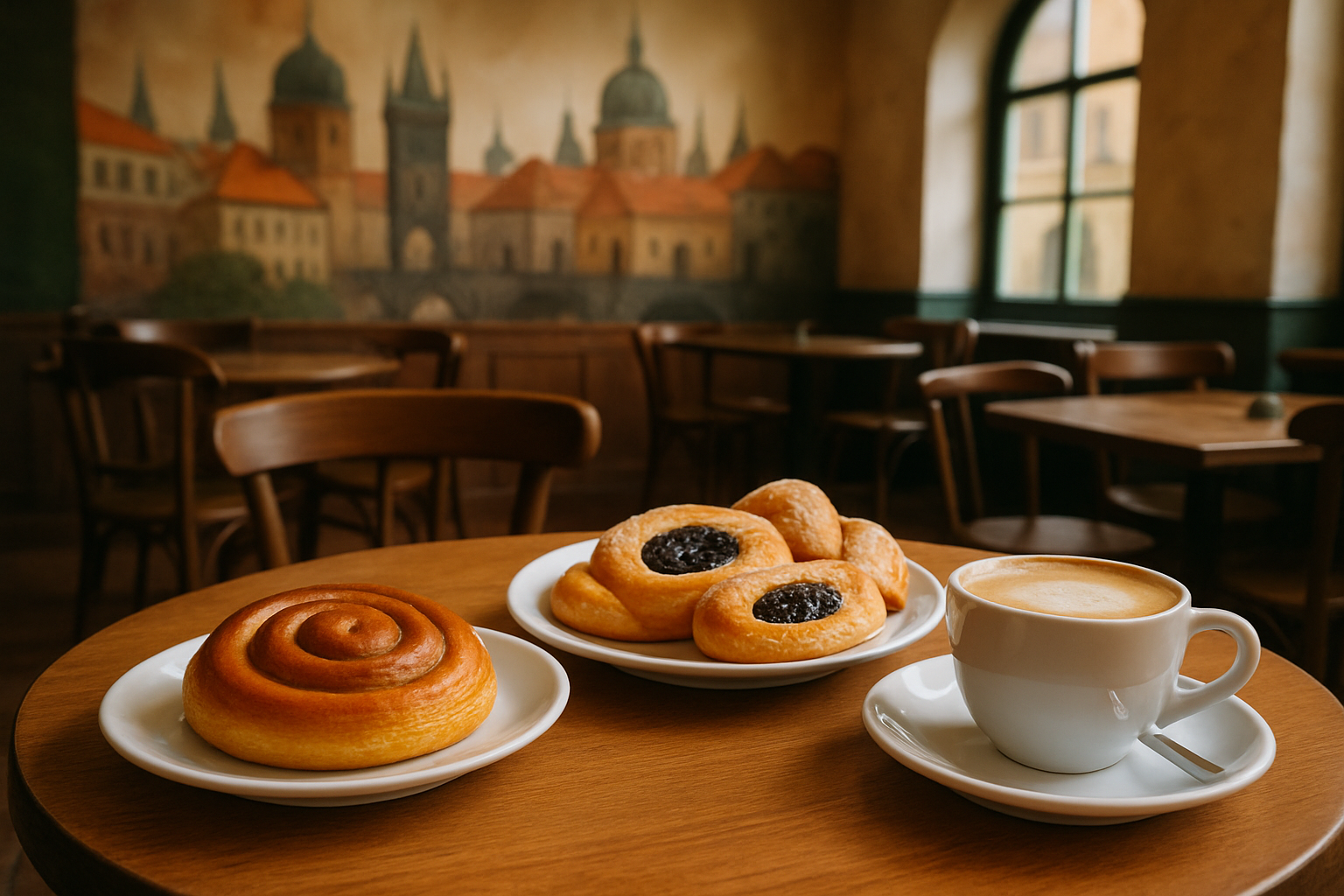 A warm and inviting Prague cafe setting showcasing traditional Czech pastries and a cup of coffee, perfect for relaxing during your visit.