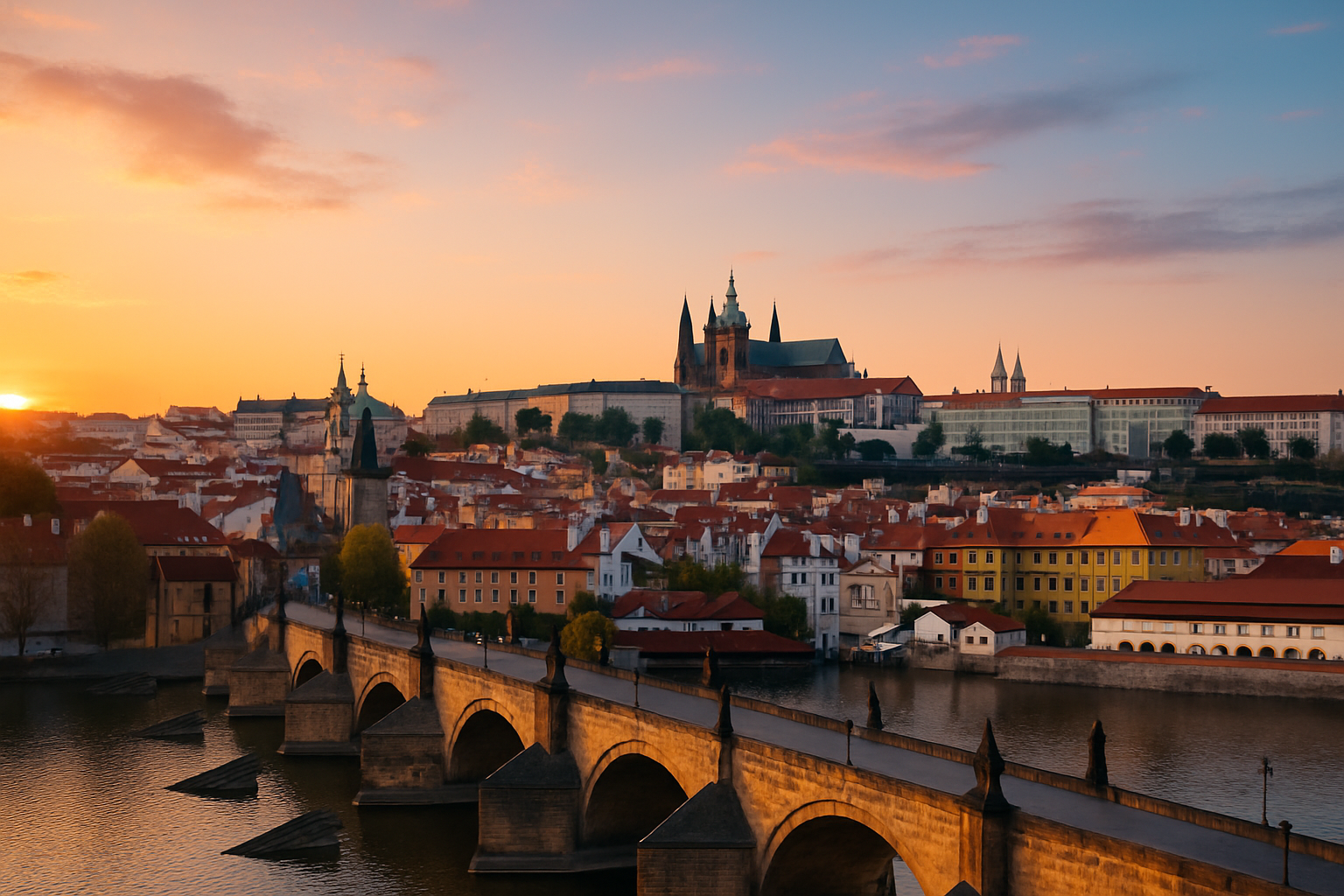 A beautiful panoramic view capturing the iconic Charles Bridge and Prague Castle illuminated by the warm glow of sunset.