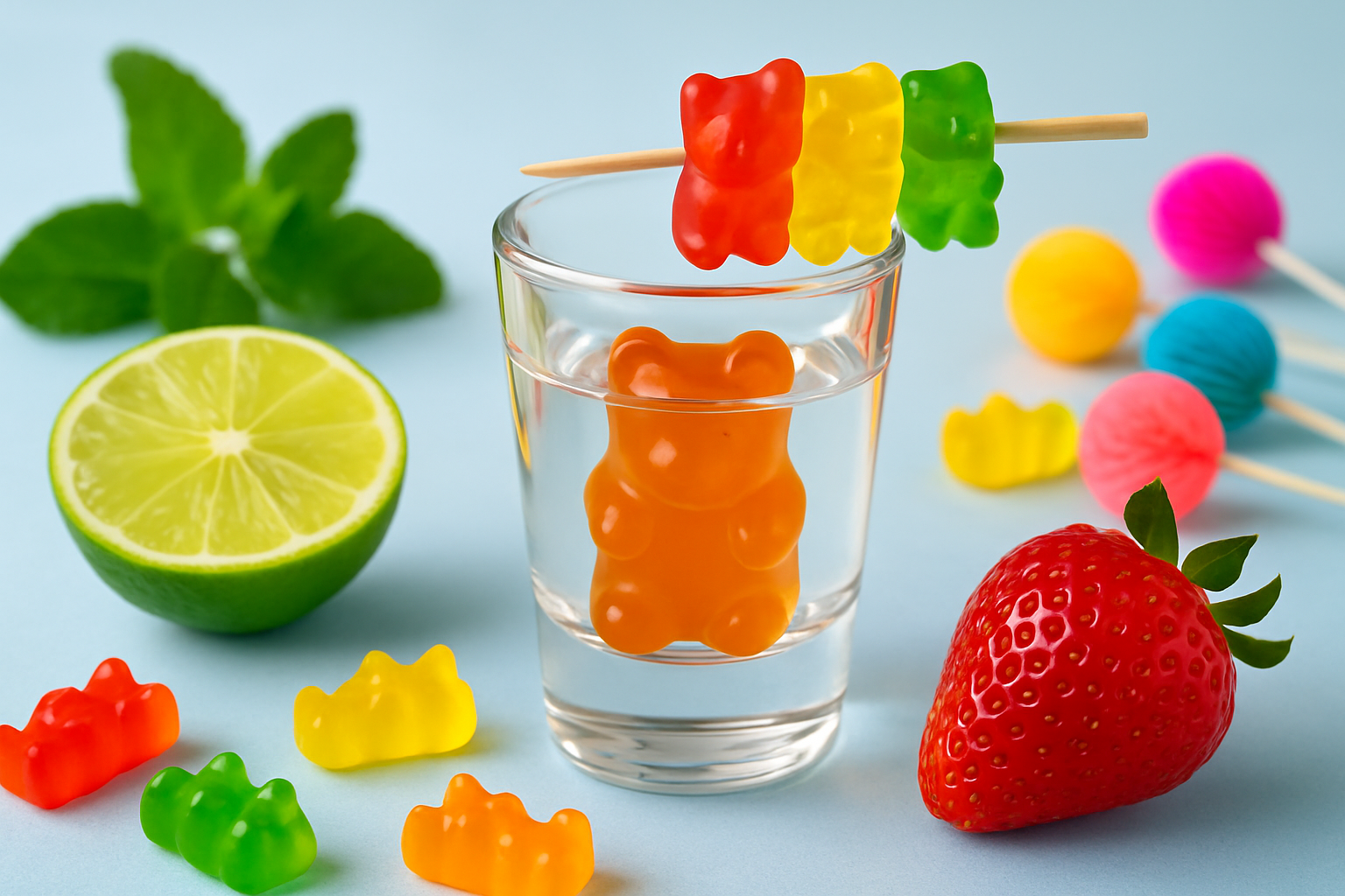 A colorful gummy bear shot garnished with chewy gummy bears, ready to enjoy at a lively gathering