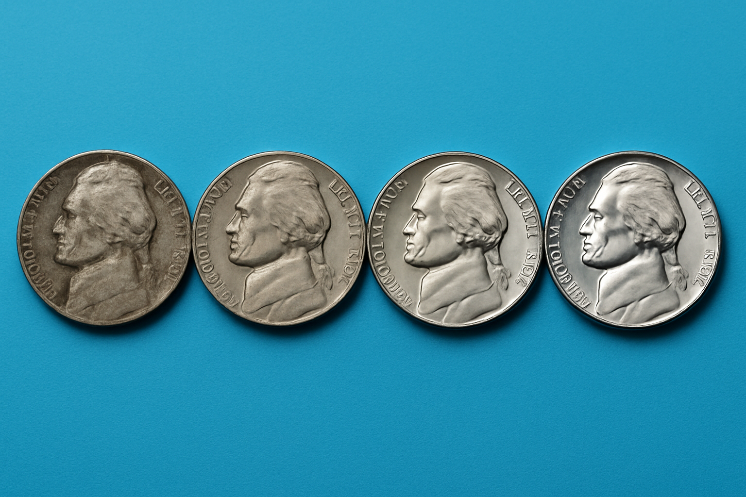 Visual guide illustrating the condition grades of a 1954 nickel, from heavily worn to pristine uncirculated examples.