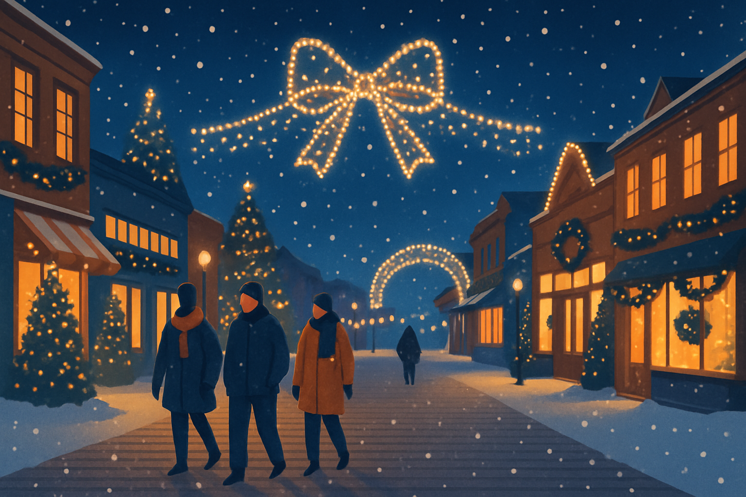 Atlantic City Boardwalk adorned with holiday lights and seasonal decorations during a serene winter evening