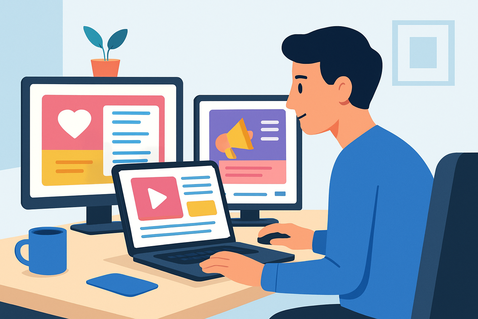 A marketer creating compelling paid ad creatives using vibrant visuals and effective messaging across devices
