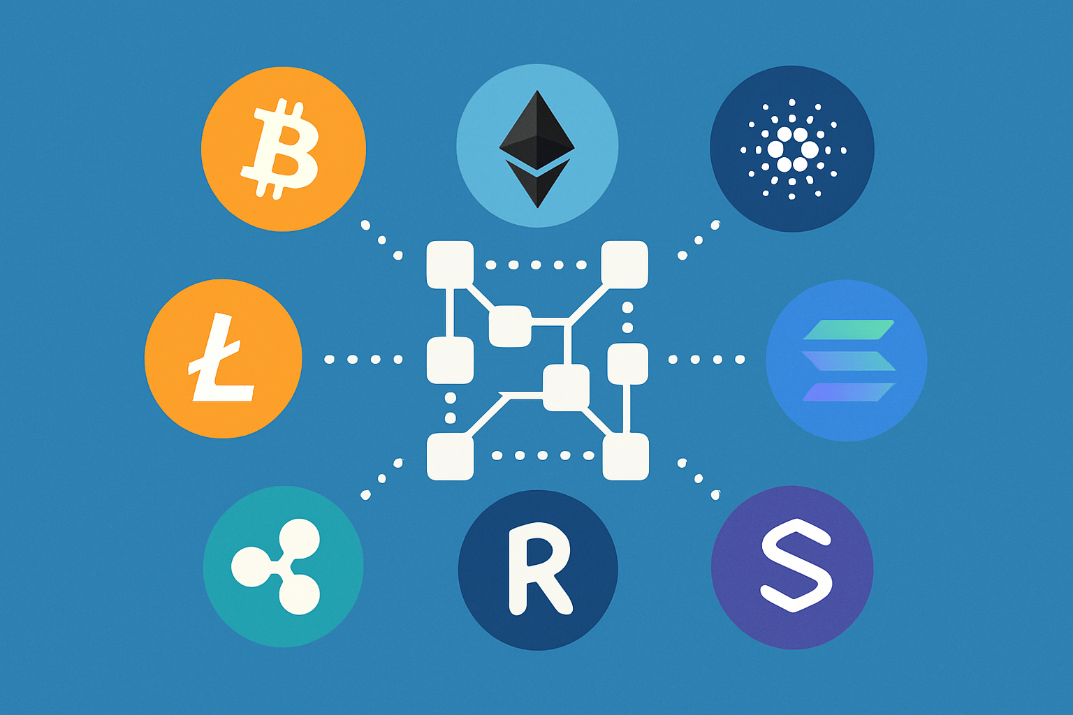Visual representation of popular cryptocurrencies connected via blockchain technology